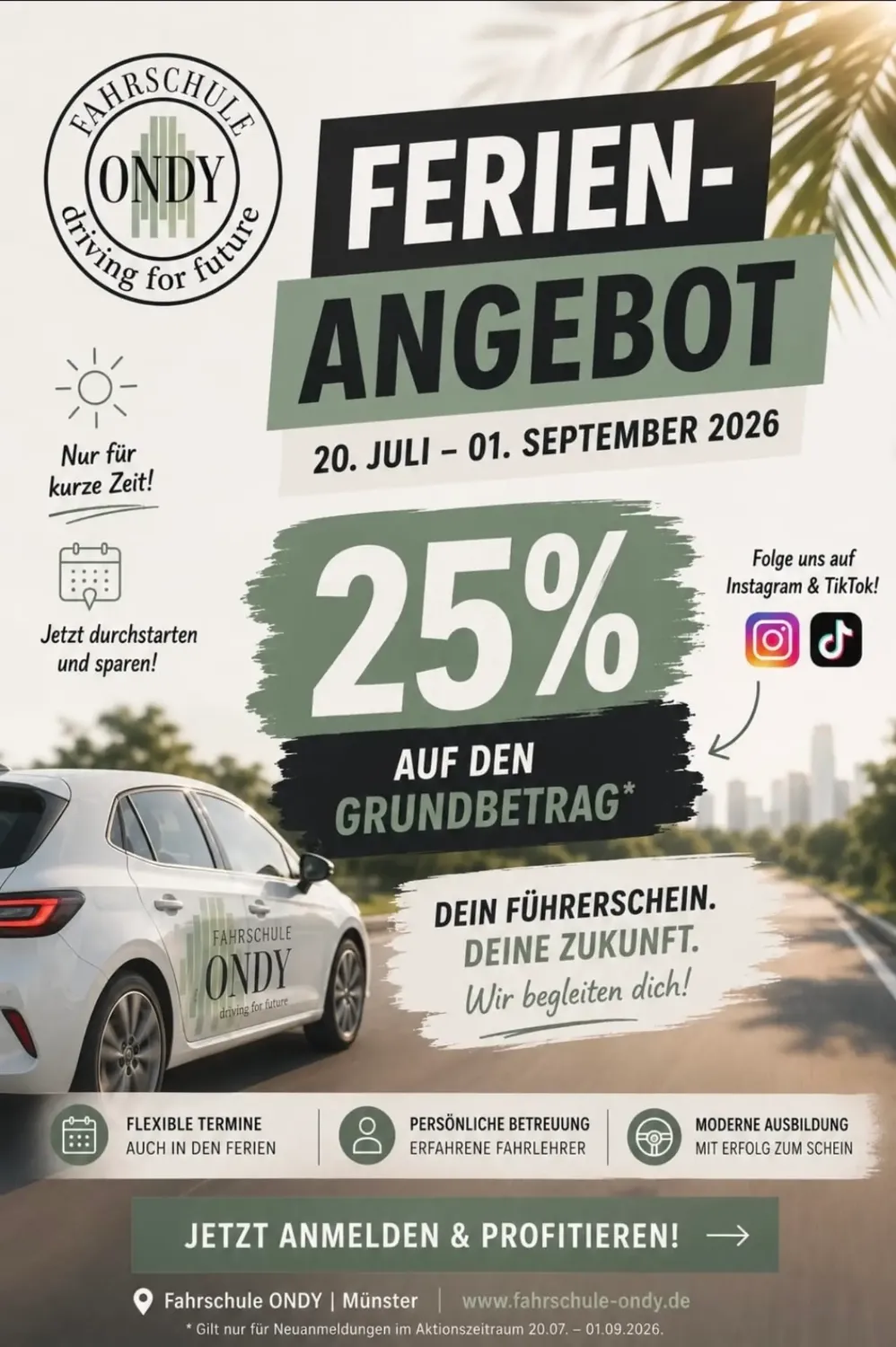 Ferien-Angebot der Fahrschule ONDY Münster: 25 % auf den Grundbetrag vom 20. Juli bis 1. September 2026